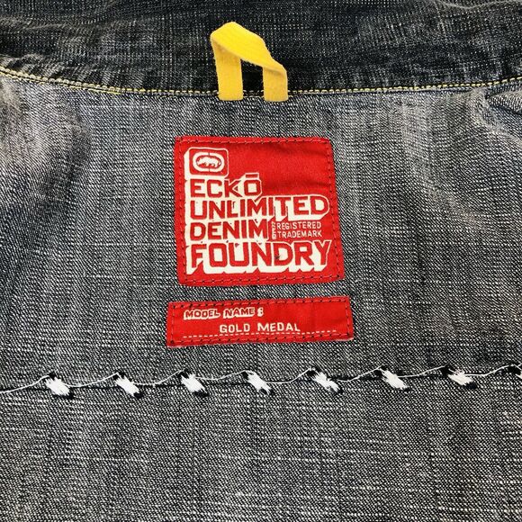 Vintage Ecko Unltd. Denim Jacket Leather Patchwork Rhino Men's Large - Picture 10 of 12